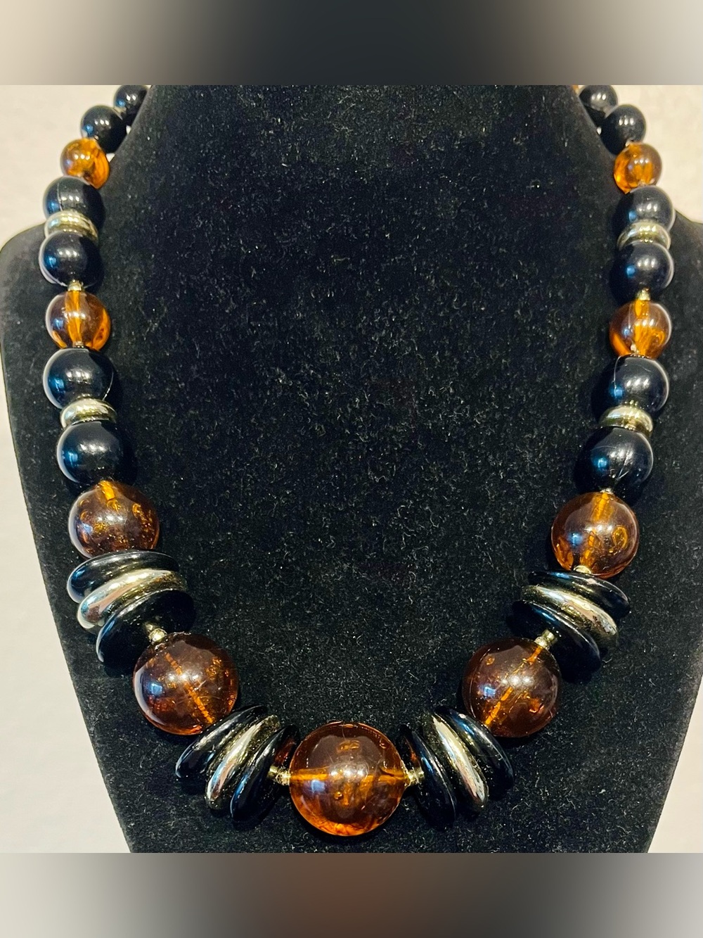 Vintage Amber and Black Beaded Statement Necklace